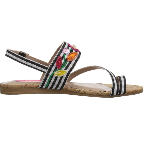 Betsey Johnson Black and White Striped Sandals with Floral Embroidery - Picture 4 of 11